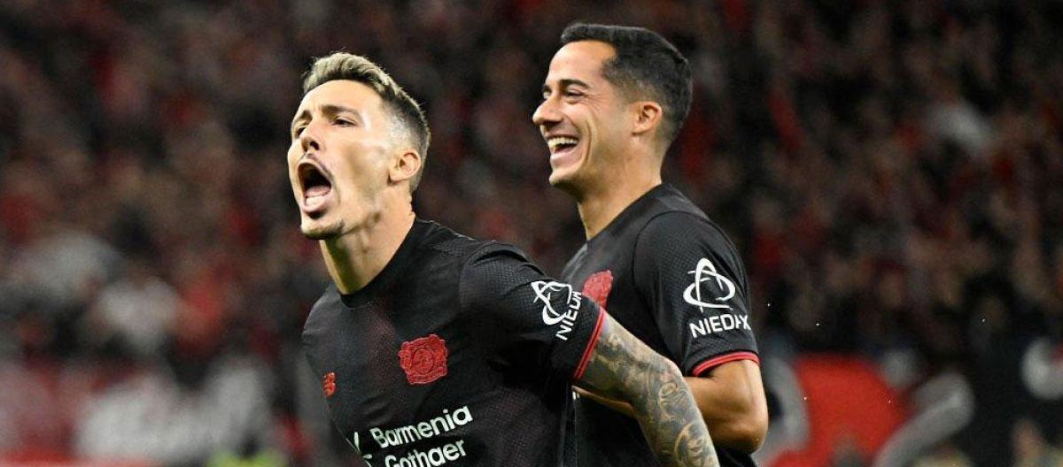 ◤Bundesliga◢ Alejandro Grimaldo scored two sublime free kicks as nine man Bayer Leverkusen beat Eintracht Frankfurt 3-1..